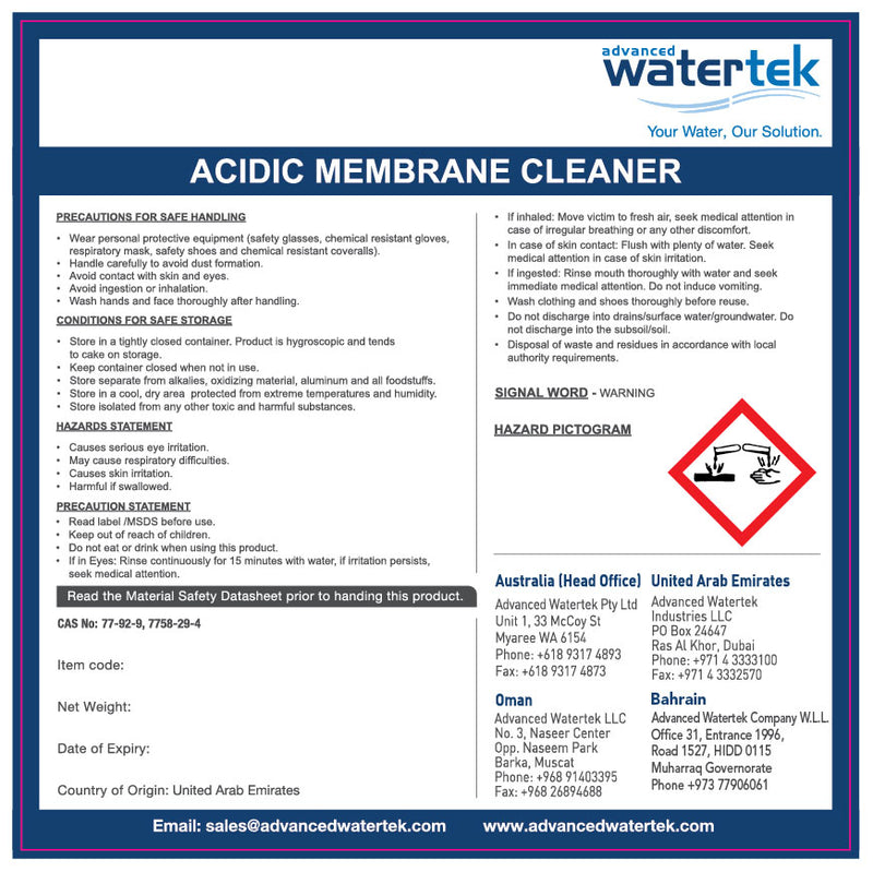 Acidic RO Membrane Cleaner Label