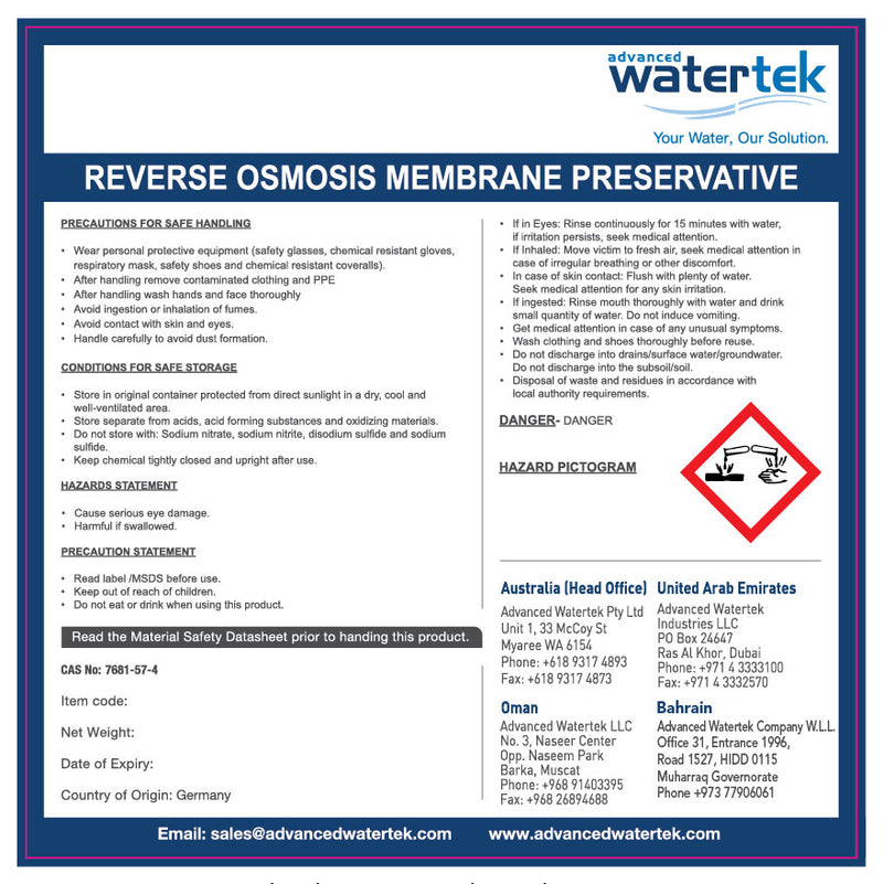 RO Membrane Preservative Label